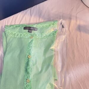 Button Up Top Carolyn Taylor Woman's XL Green Lace Trim Cotton Rayon Blend